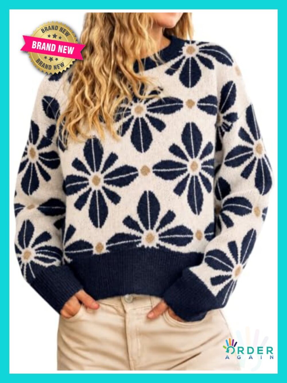 Long Sleeve Floral Sweater Crew Neck Pullover Knit Blouse